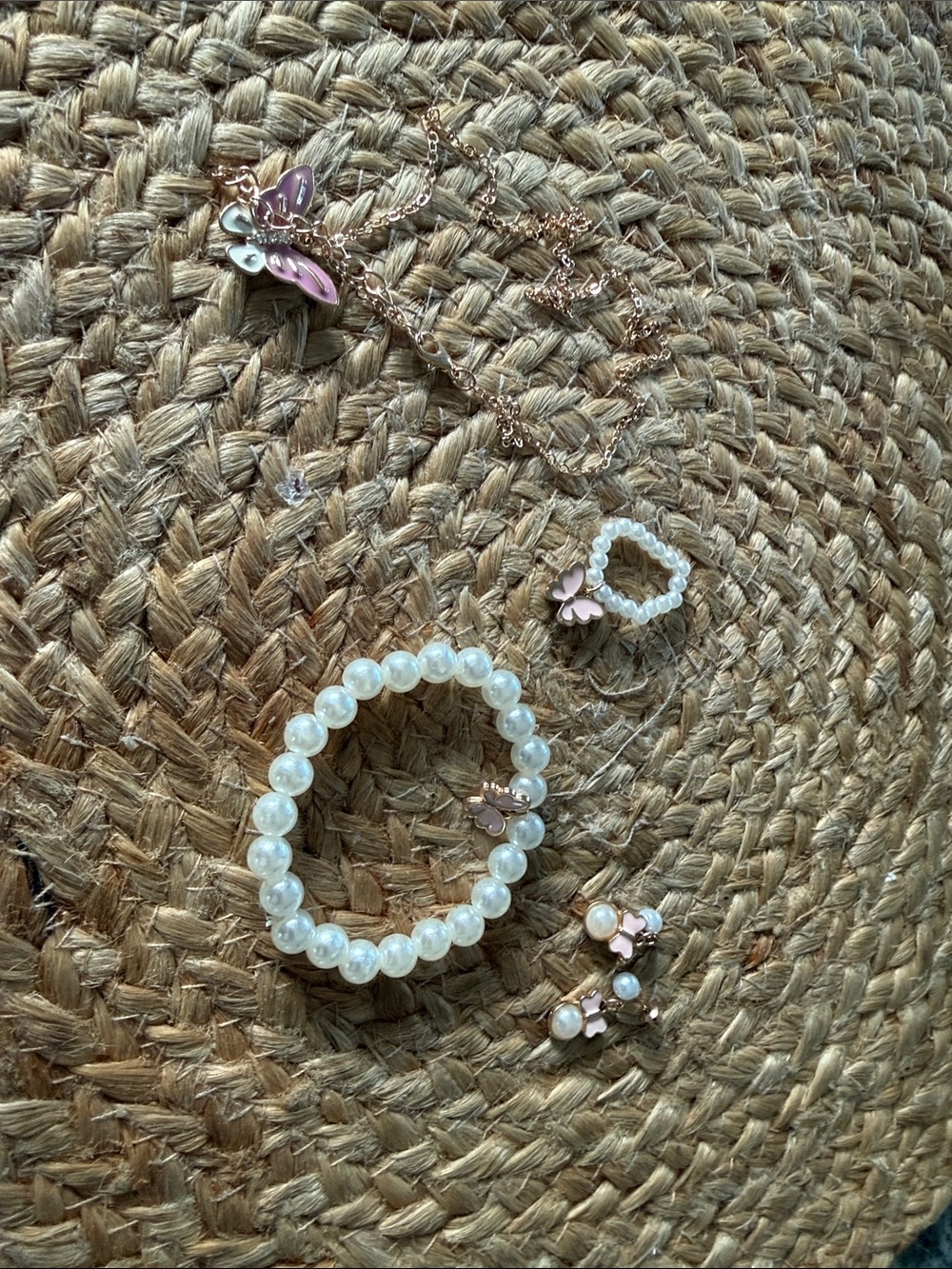 Pearl Bead Bracelet and Pink Butterfly Jewelry Set
